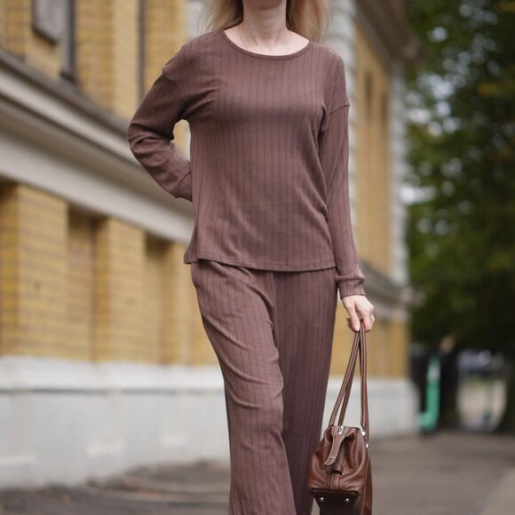 Soft Ribbed Knit Lounge Set Long Sleeve Pajamas 2 Piece S-XXL - Picture 7 of 8